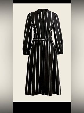 J. Crew Black Dress with White Vertical Stripes, Long Sleeve Midi